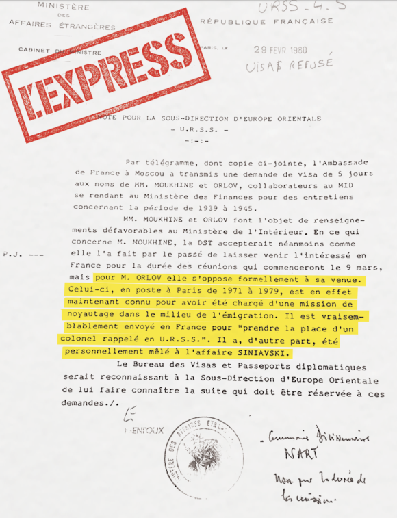 L'Express a obtenu des documents d'archive sur Alexandre Orlov, ancien ambassadeur de Russie en France: "C’est un secret d’Etat, mais la France l’a très tôt identifié comme un espion important du KGB, le service secret soviétique. Plus précisément au cours du premier de ses cinq