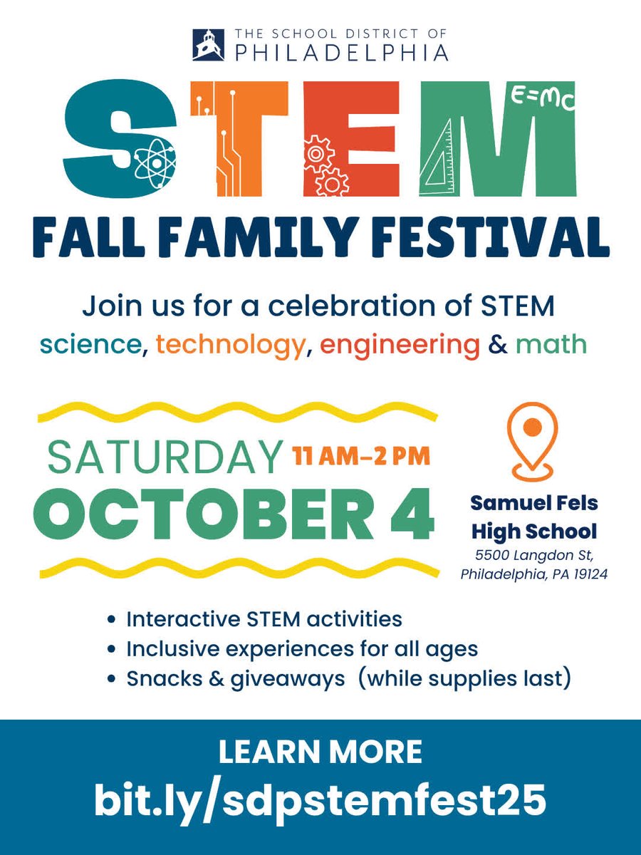 PHLschools's tweet image. Celebrate science, tech, engineering, and math with us! The STEM Fall Family Festival is Oct. 4th at @FelsHighSchool. Interactive activities, giveaways, and more! Learn more: bit.ly/sdpstemfest25
#PhillySTEM #STEMFallFamilyFest