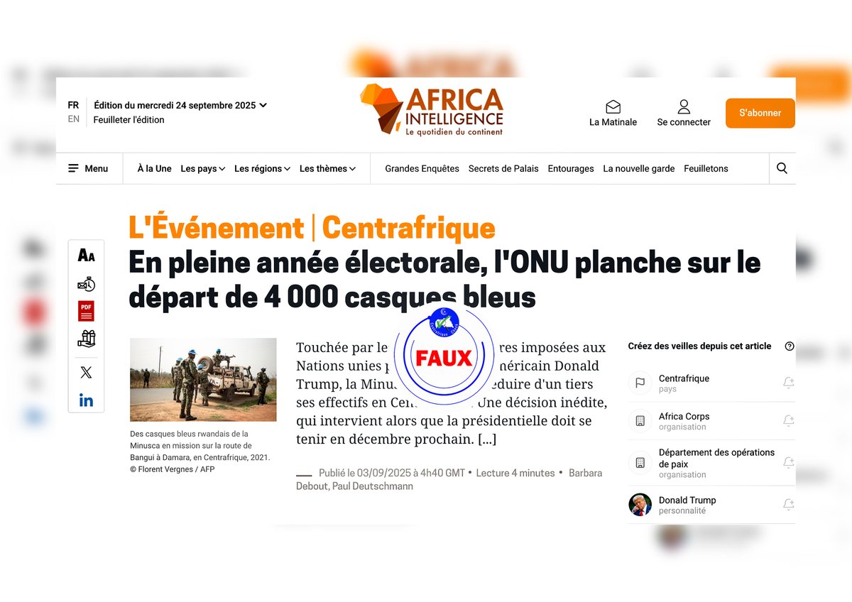 Faux : Contrairement à certaines rumeurs, l’ONU n’a pas retiré 4 000 casques bleus de la République centrafricaine.
👉 Lire l’intégralité de l’article ici ⤵️
centrafriquecheck.org/faux-lonu-na-p…