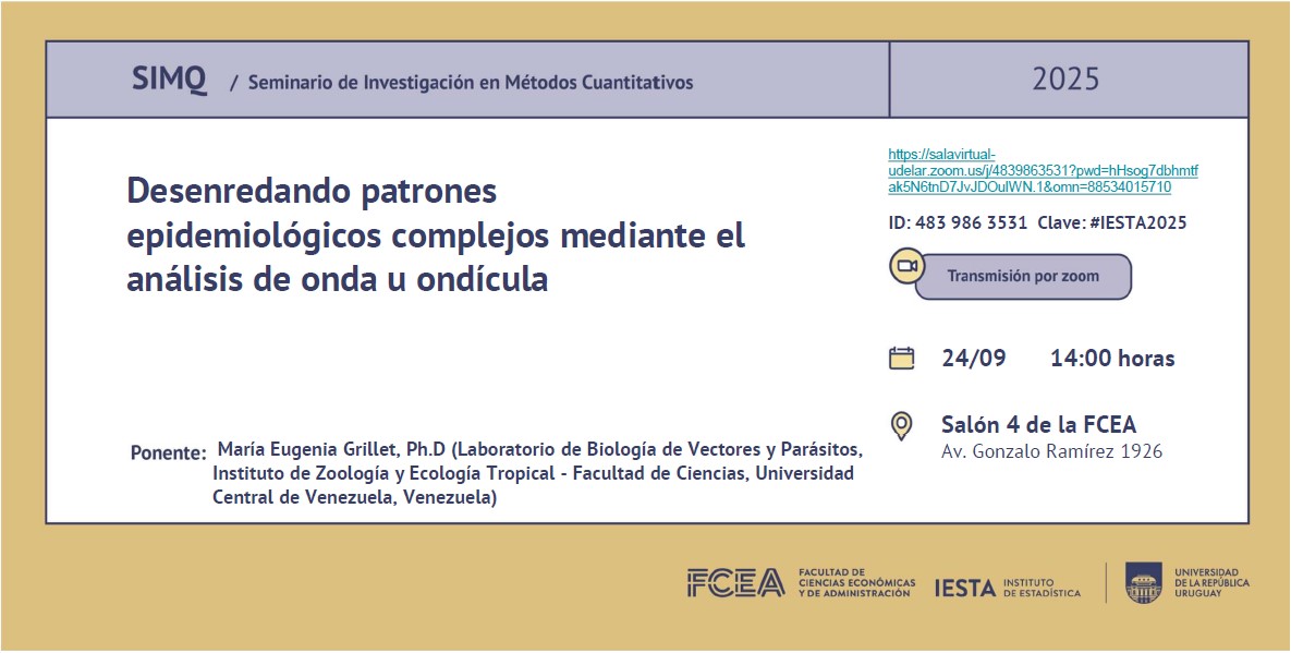 Seminario de Investigación Métodos Cuantitativos (SIMQ) del 24/09: "Desenredando patrones epidemiológicos complejos mediante el análisis de onda u ondícula" a cargo de María Eugenia Grillet (Facultad de Ciencias, Universidad Central de Venezuela). lnkd.in/eqz4Nhk7