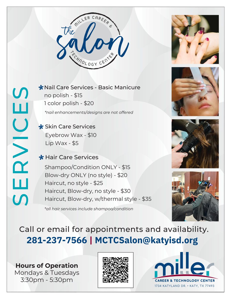 katyisd's tweet image. Step into The Salon at Miller Career &amp;amp; Technology Center and let our students treat you to a mini makeover.

Check the flyer for details and schedule your appointment today.

#KatyISD #MCTC