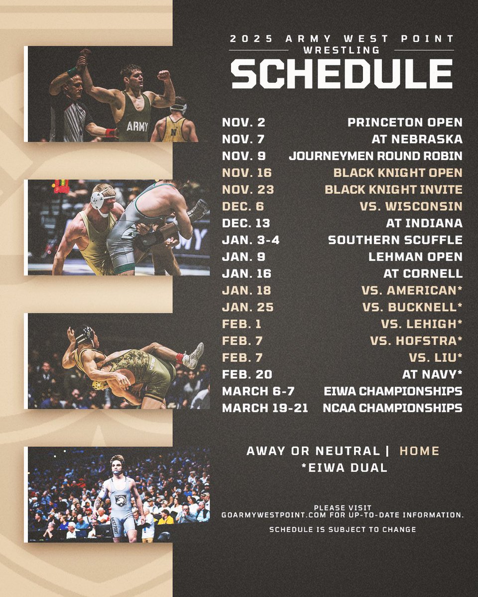2025-26 season 🔜

Our schedule is here!! See where we’re going and who we’re facing!!

📰 bit.ly/3W4UoXH
🗓️ goarmywestpoint.com/WresSchedule
🎟️ goarmywestpoint.evenue.net/events/WST