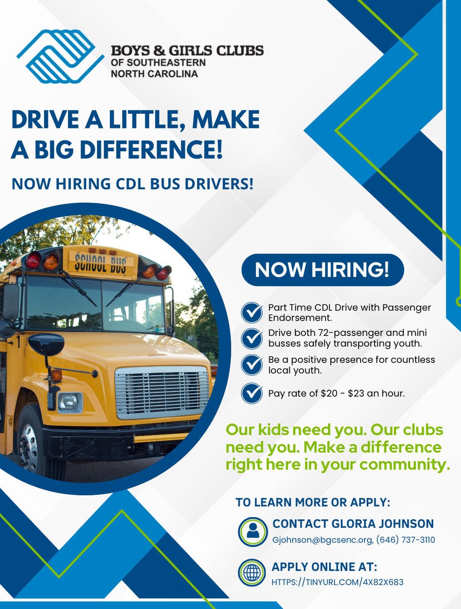 🚍 We’re hiring Part-Time CDL Bus Drivers!

✔️ $20–$23/hr
✔️ Drive 72-passenger &amp; mini buses
✔️ Make a difference for local kids 💙

Apply today 👉 tinyurl.com/4x82x683

#BGCSENC #NowHiring #GreatFuturesStartHere