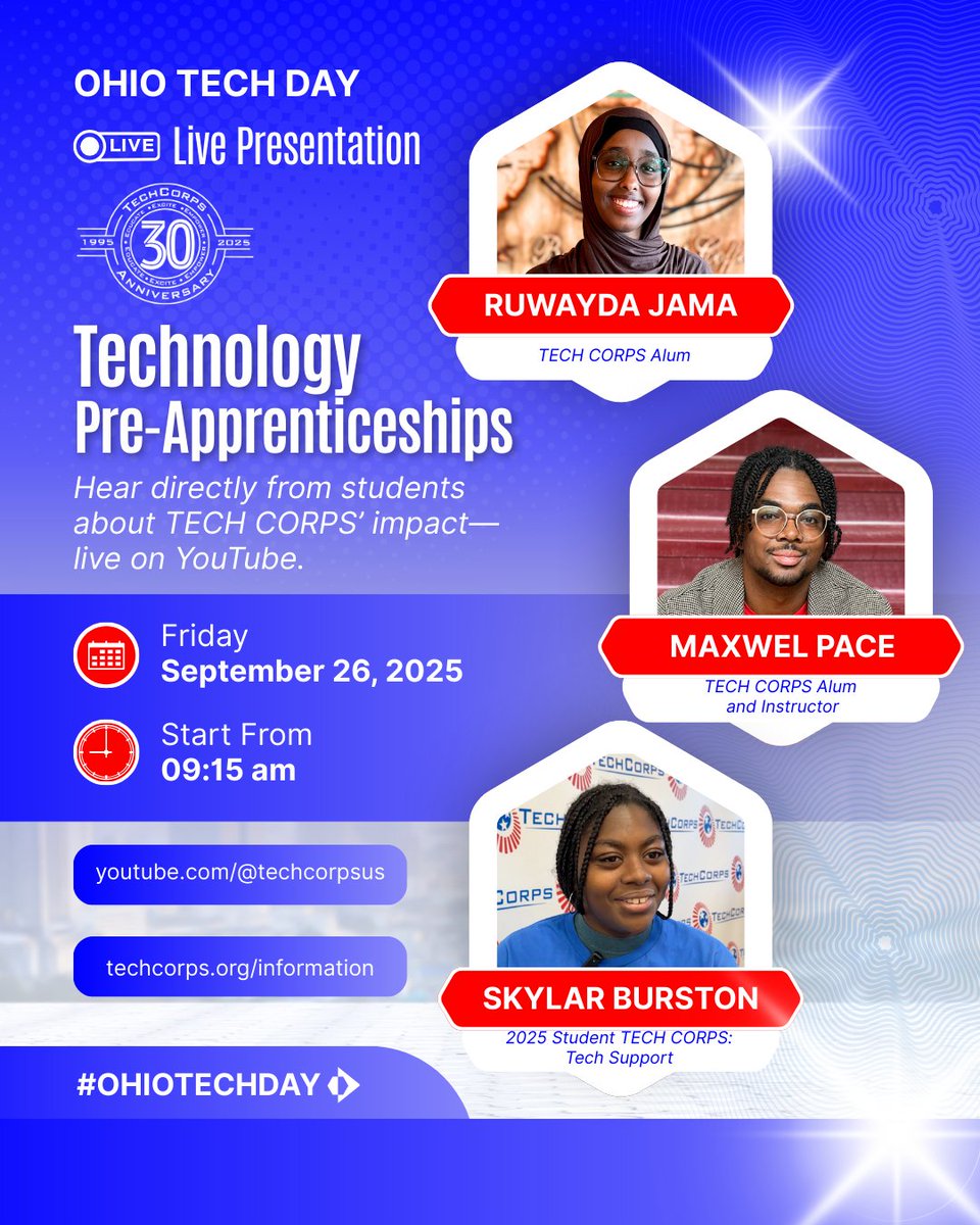 techcorpsus's tweet image. LIVE Friday, Sept 26 at 9:15am ET: Hear TECH CORPS alumni share how our pre-apprenticeship programs built skills, confidence and opportunity. Watch our Ohio Tech Day presentation on YouTube: youtube.com/@techcorpsUS
#OhioTechDay #PreApprenticeship #techcorps