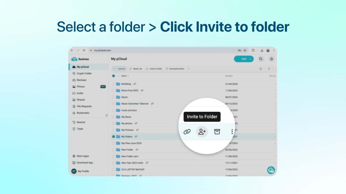 pCloudapp's tweet image. Teamwork is simpler with Invite to folder! 👥

Collaborate on projects, share family albums, or manage client files securely with pCloud!

Perfect for: teams, creatives, families, project managers

➡️ Try it today: my.pCloud.com

#pCloud #CloudStorage #TeamCollaboration…