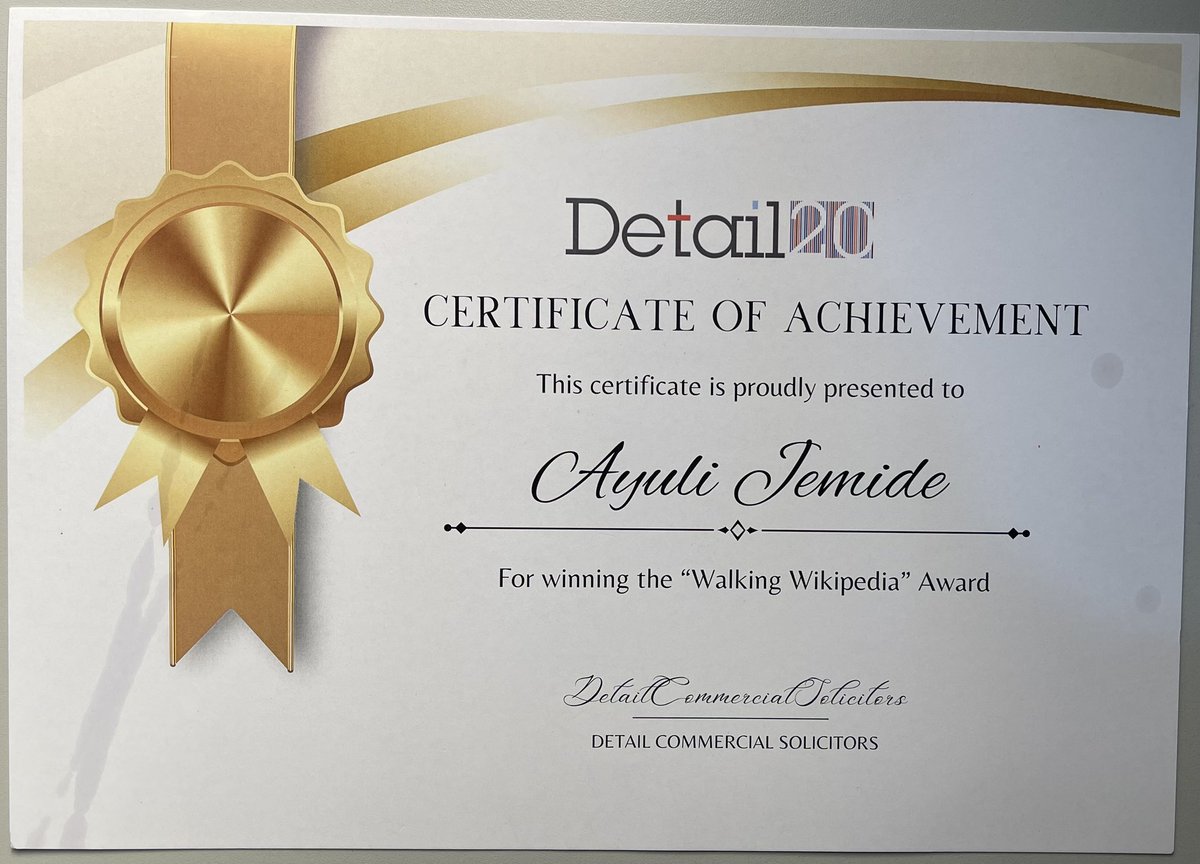 JemideAyuli's tweet photo. At the just concluded DETAIL August Bootcamp, we had anonymous votes for Funny Awards. I won two interesting awards:
• Human Thesaurus
• Walking Wikipedia

The message: AJ is picky about choice of words and nothing passes him by - curiosity is everything.

#DETAIL #FunnyAwards https://t.co/i0kHoi6Kbq