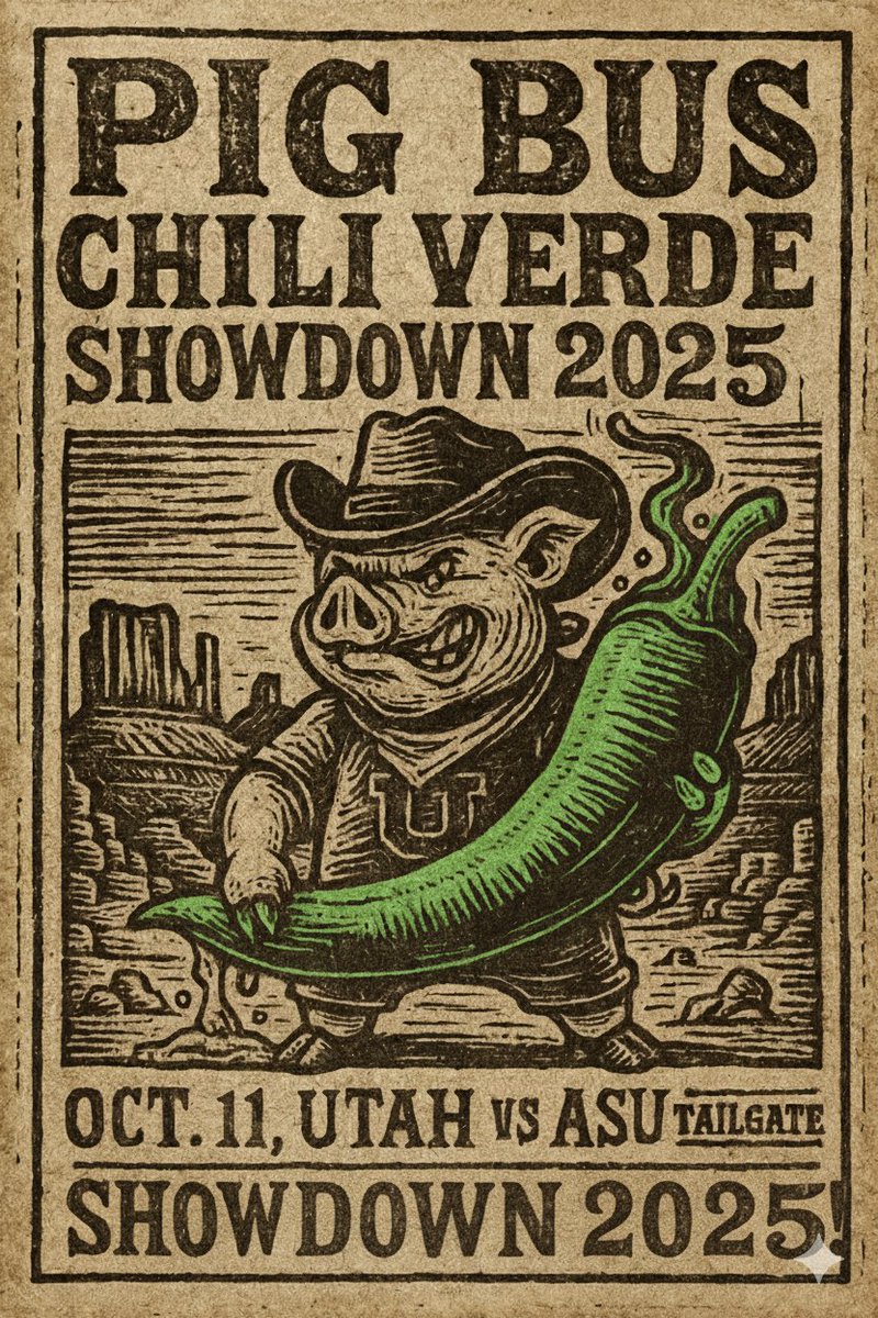 It's that time of the year. 

You have THREE WEEKS to perfect your Chili Verde recipe to enter the PIG BUS CHILI VERDE SHOWDOWN! 

Herban Empire is going to be playing sweet tunes. And the BEST CHILI VERDE will be served to all.

Want to enter your CV, comment below.

Go Utes!