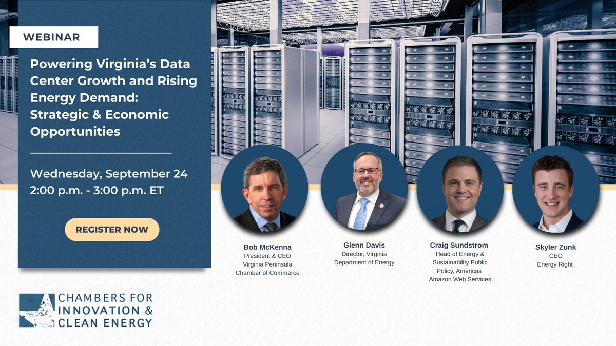 ⚡ It’s not too late to register! Join us today for a webinar on one of VA's most urgent challenges: meeting the surge in electricity demand. 
🔗chambersforinnovation.com/events/2025/9/…
#Webinar #EnergyDemand #Virginia #CleanEnergy