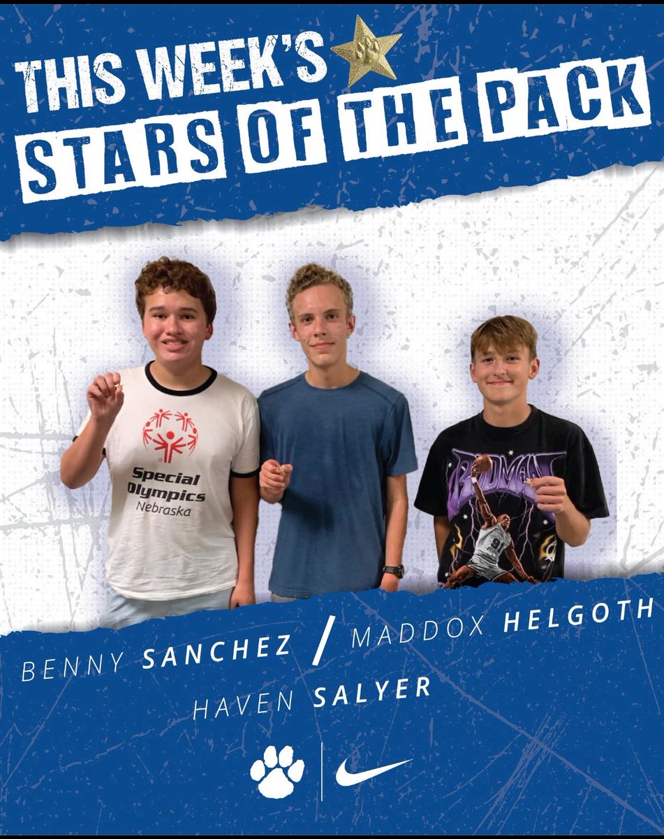 TrackKearney's tweet photo. This week’s Stars of the Pack are being recognized for their hard work and accomplishments: ⭐
🐾 Benny Sanchez – Most Improved
🐾 Haven Salyer – Best week of practice (team vote)
🐾 Maddox Helgoth – Top 20 finish

Great job, Bearcats! 🔵 🟡 

#BearcatNation #BearcatXC https://t.co/YEy2WrJoGw