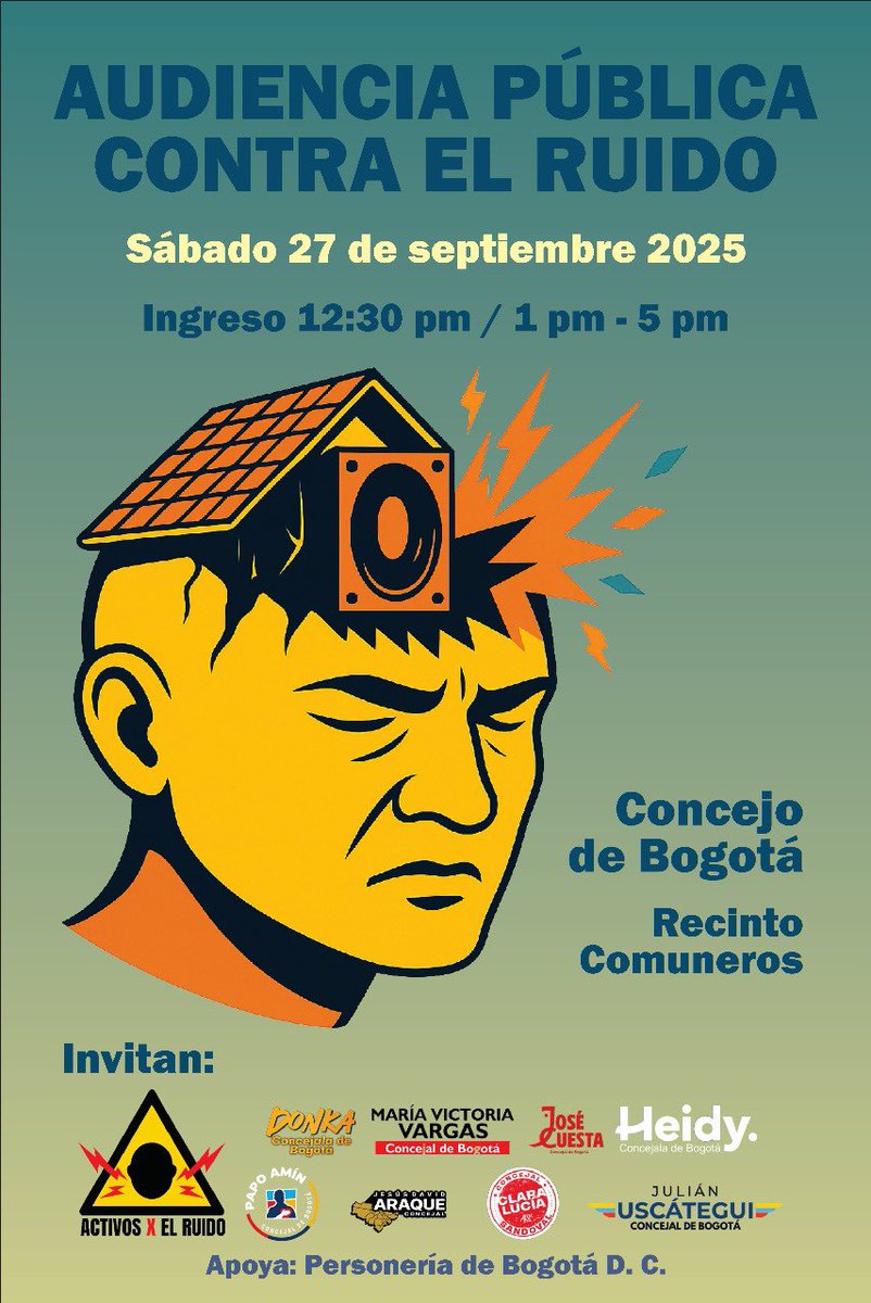 Faltan 3️⃣días‼️#AudienciaPúblicaContraElRuido 

📍 <a href="/ConcejoDeBogota/">Concejo de Bogotá</a> 
🚪 Calle 34 con 28
🕧 Ingreso desde las 12:30pm
🪧 Lleva tu cartel, tu caso escrito o repórtalo por QR
👂 Escucha a las entidades 
👥 8 concejales listos para oír…

El ruido no se regula solo. 
¡Nos vemos!