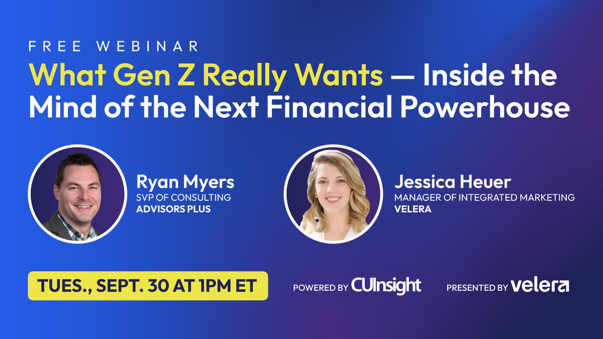 CUInsight's tweet image. 6 days left to register!

Join CUInsight + @WeAreVelera on Sept. 30 for the free webinar: What Gen Z Really Wants: Inside the Mind of the Next Financial Powerhouse. Featuring insights from Velera’s CU Growth Outlook 2025.

Register: hubs.ly/Q03KMV_N0