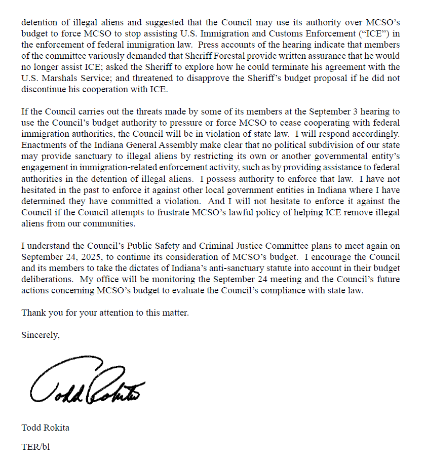 🚨Our office has issued a warning to the Indianapolis-Marion City-County Council that using budget cuts to restrict the Marion County Sheriff’s Office (MCSO) from cooperating with U.S. Immigration and Customs Enforcement (ICE) would violate Indiana law and threaten public safety.