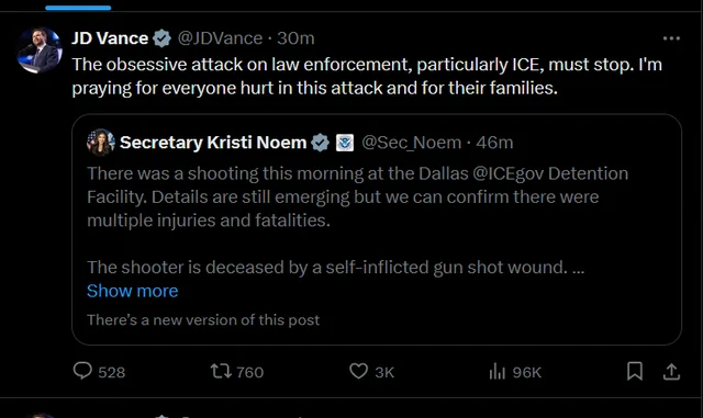 A screenshot of a Twitter thread. J.D. Vance\'s profile picture and username @JDVance are visible, showing a post about praying for those hurt in an attack. Kristi Noem\'s profile picture and username @Sec_Noem are visible, showing a post about a shooting at the Dallas ICE detention facility with multiple injuries and fatalities. Text mentions a self-inflicted gunshot wound and a new version of the post.