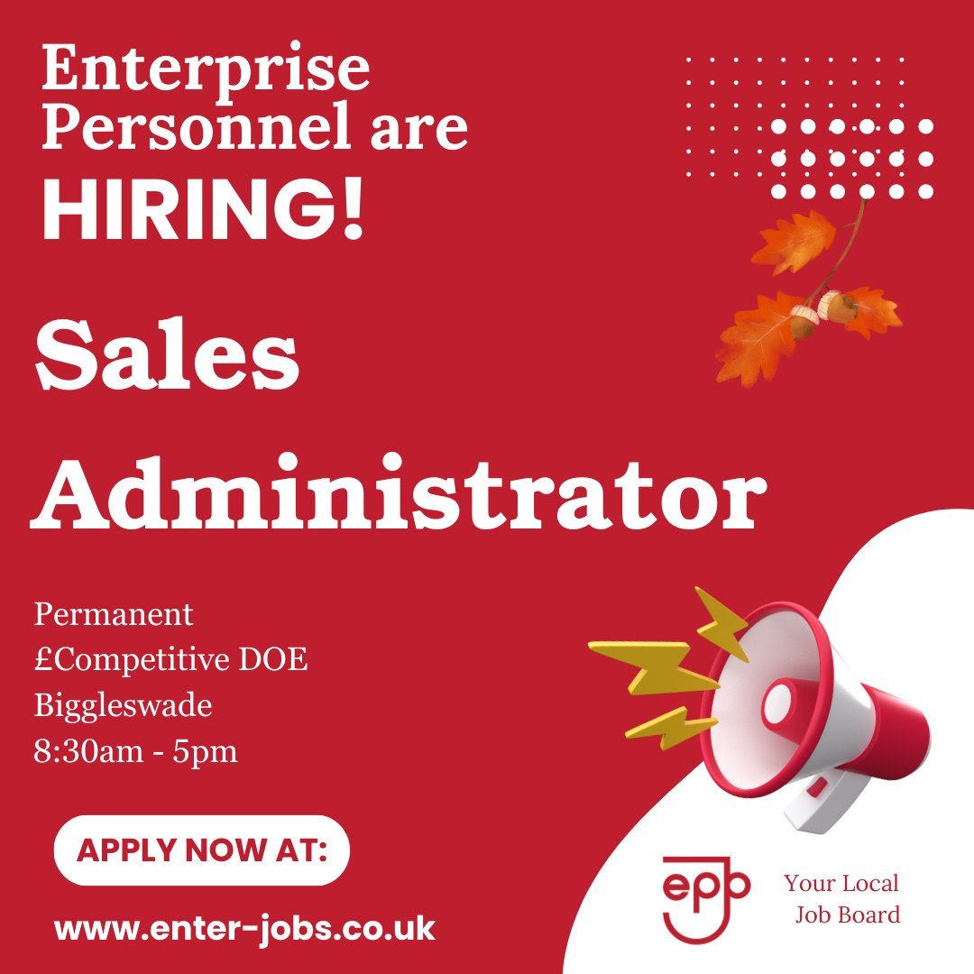 EnterJobs's tweet image. Enterprise Personnel&apos;s client is looking for a Sales Administrator in Biggleswade.
Apply now via our website! 

#salesadmin #salesadministrator  #Administrator #administratorjobs #adminjobs #customerservicejobs #CustomerSupport #OfficeJobs #biggleswade #bedfordshire