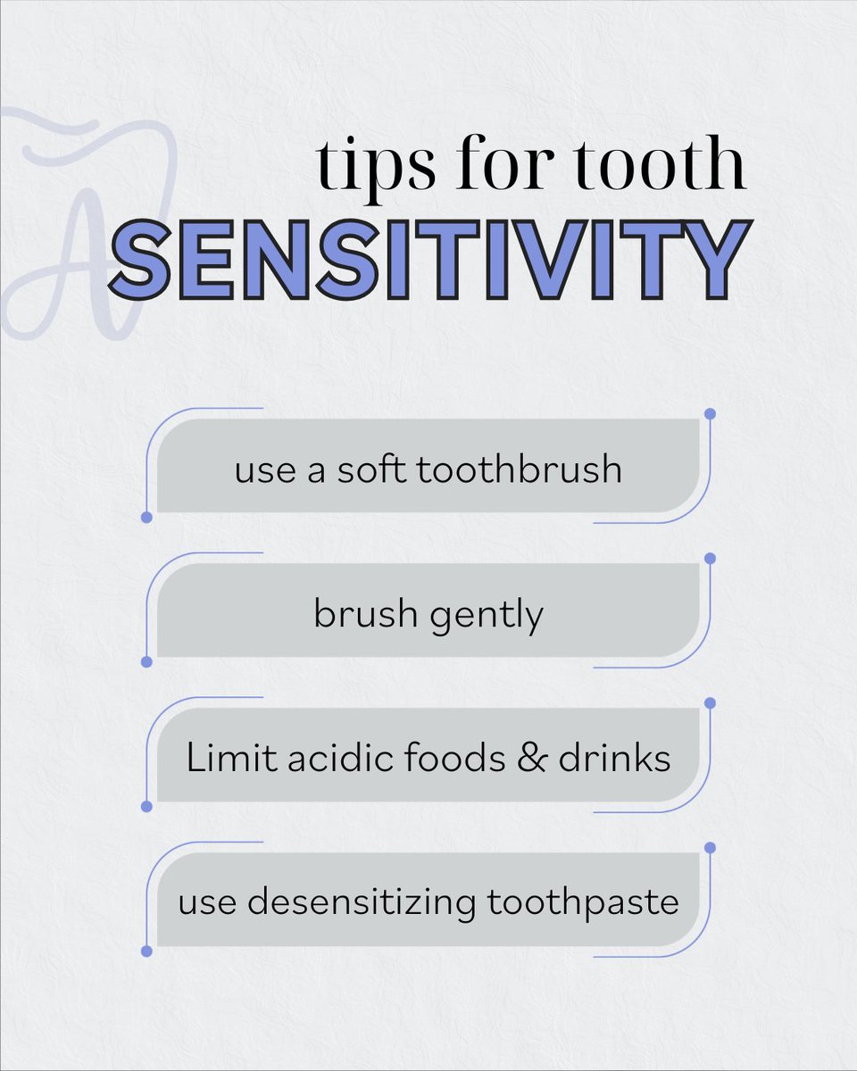 AshburnDentist1's tweet image. Tooth sensitivity can make it tough to enjoy your favorite foods &amp;amp; drinks. 😣

With the right habits, you can protect your enamel and reduce discomfort. 🦷 Check out these simple tips to help prevent and manage sensitivity! ✨

#ToothTips #ToothSensitivity #Dentistry