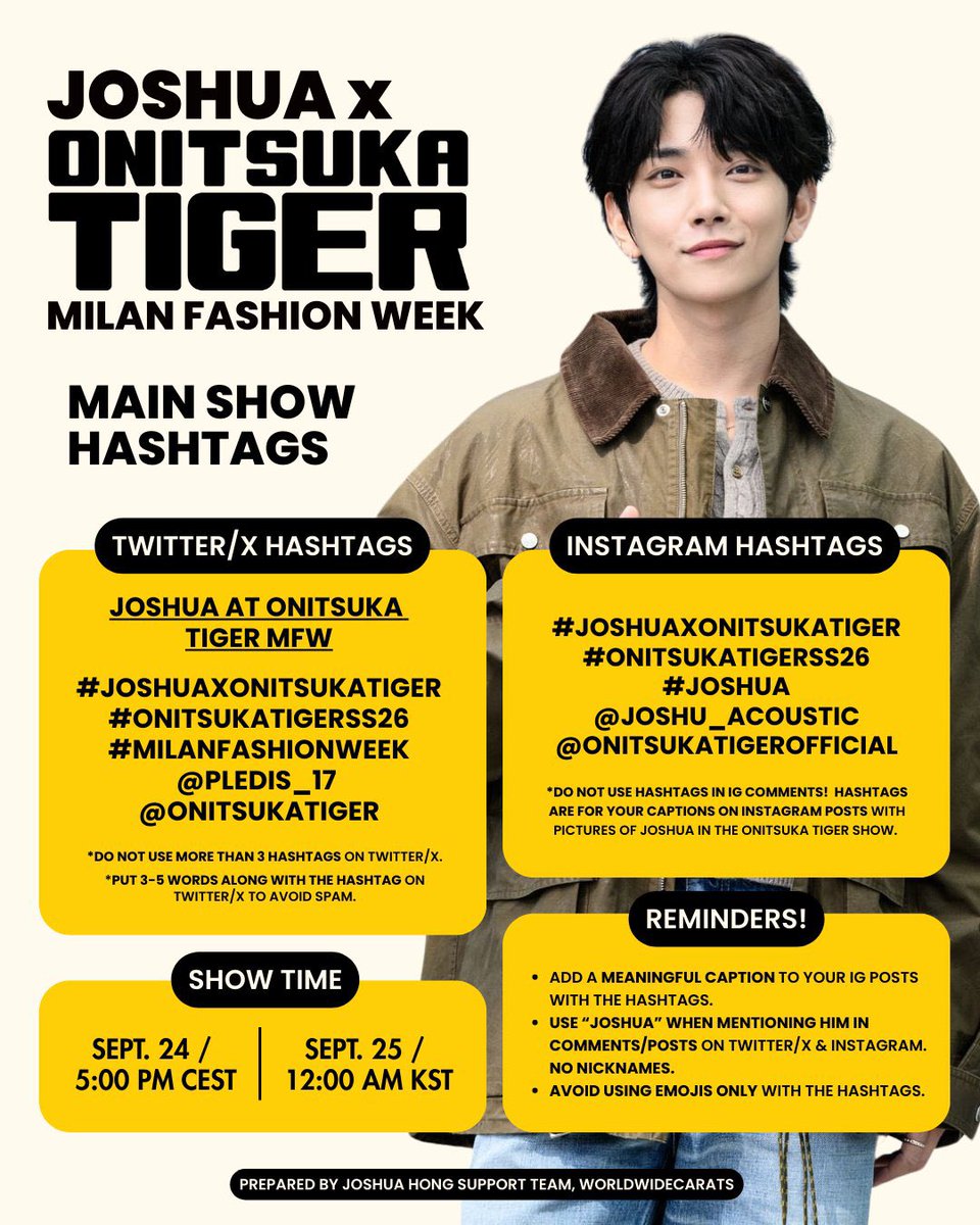 Now’s the time!! Drop the tags for JOSHUA!! 🩵

JOSHUA at ONITSUKA TIGER MFW
#JOSHUAxOnitsukaTiger 
#OnitsukaTigerSS26
#MilanFashionWeek
<a href="/pledis_17/">세븐틴(SEVENTEEN)</a> <a href="/OnitsukaTiger/">onitsukatiger</a>