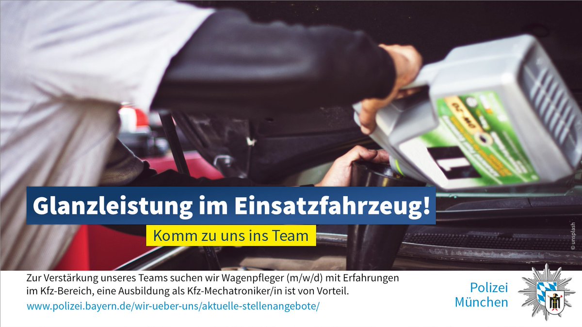 PolizeiMuenchen's tweet image. #Stellenausschreibung   

Zur Verstärkung unseres Teams der Polizeiinspektion Kraftfahrdienste suchen wir Wagenpfleger (m/w/d).  

Bewerbungsschluss: 12.10.2025    

Mehr Infos unter: polizei.bayern.de/wir-ueber-uns/…
