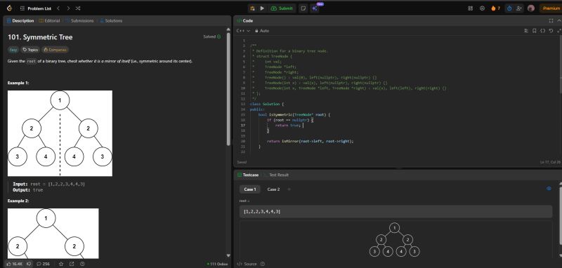 Anurags44798025's tweet image. Day 58/100 of #100DaysOfCode! 🚀
Tackled LeetCode 101: Symmetric Tree 🌳. A classic problem for mastering recursion.
The key isn't checking for equality, but for a mirror image. This means recursively #LeetCode #Algorithms #DataStructures #Coding #SoftwareDeveloper #C++
