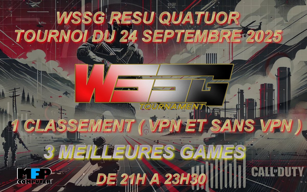 WSSG158697's tweet photo. Bonjour, la WSSG vous invite à leur tournoi qui aura lieu le Mercredi 24 Septembre 2025.

➡️ RESU QUATUOR
➡️ 1 CLASSEMENT 
➡️ 3 MEILLEURES GAMES 
➡️ 21H À 23H30

https://t.co/xdYluzpy3P https://t.co/HggsvSSnUU