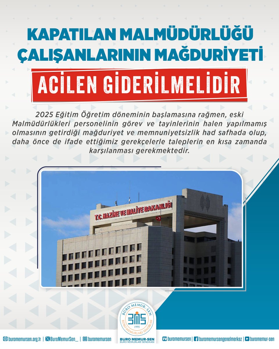 KAPATILAN MALMÜDÜRLÜĞÜ ÇALIŞANLARININ MAĞDURİYETİ ACİLEN GİDERİLMELİDİR

2024/7 sayılı Tasarruf Tedbirleri Genelgesi doğrultusunda gerçekleştirilen yeniden yapılanmada, 300 Malmüdürlüğünün hizmet birleştirilmesi ile kapatılması öngörülmüş, mevcut Defterdarlıkların da kapatılması