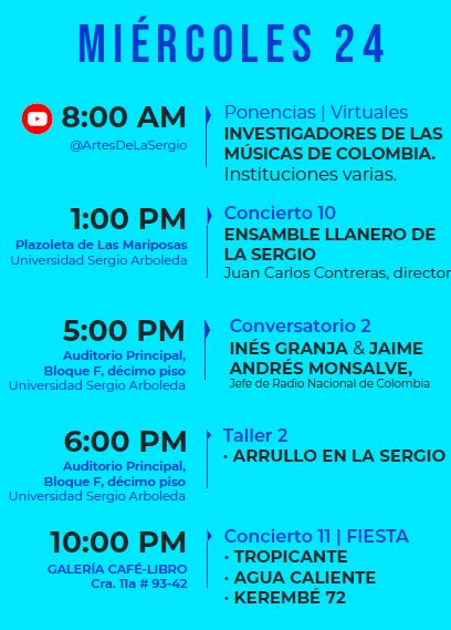 HOY en el séptimo encuentro de músicas colombianas de la <a href="/USergioArboleda/">Universidad Sergio Arboleda | #SergistaSiempre</a>
<a href="/ArtesDeLaSergio/">Escuela de Artes de La Sergio</a>
#Eco7