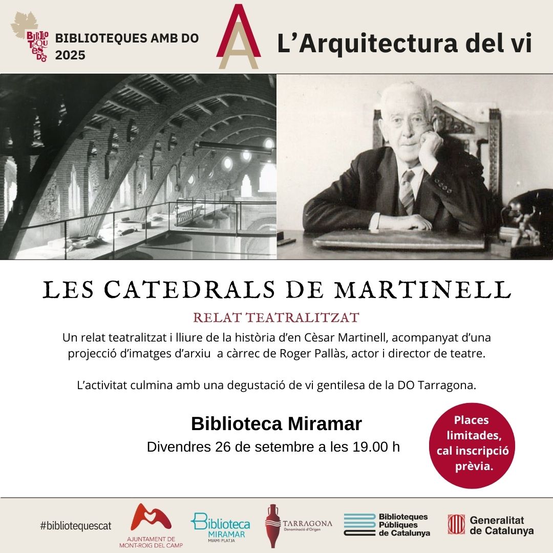Aquest divendres, a la #BibliotecaMiramar "Les catedrals de Martinell", un relat teatralitzat i lliure de la història d'en Cèsar Martinell a càrrec de Roger Pallàs, actor i director de teatre. Acompanyarem l'acte amb un tast de vins <a href="/DOTarragona/">DO Tarragona</a> #BibliotequesAmbDO