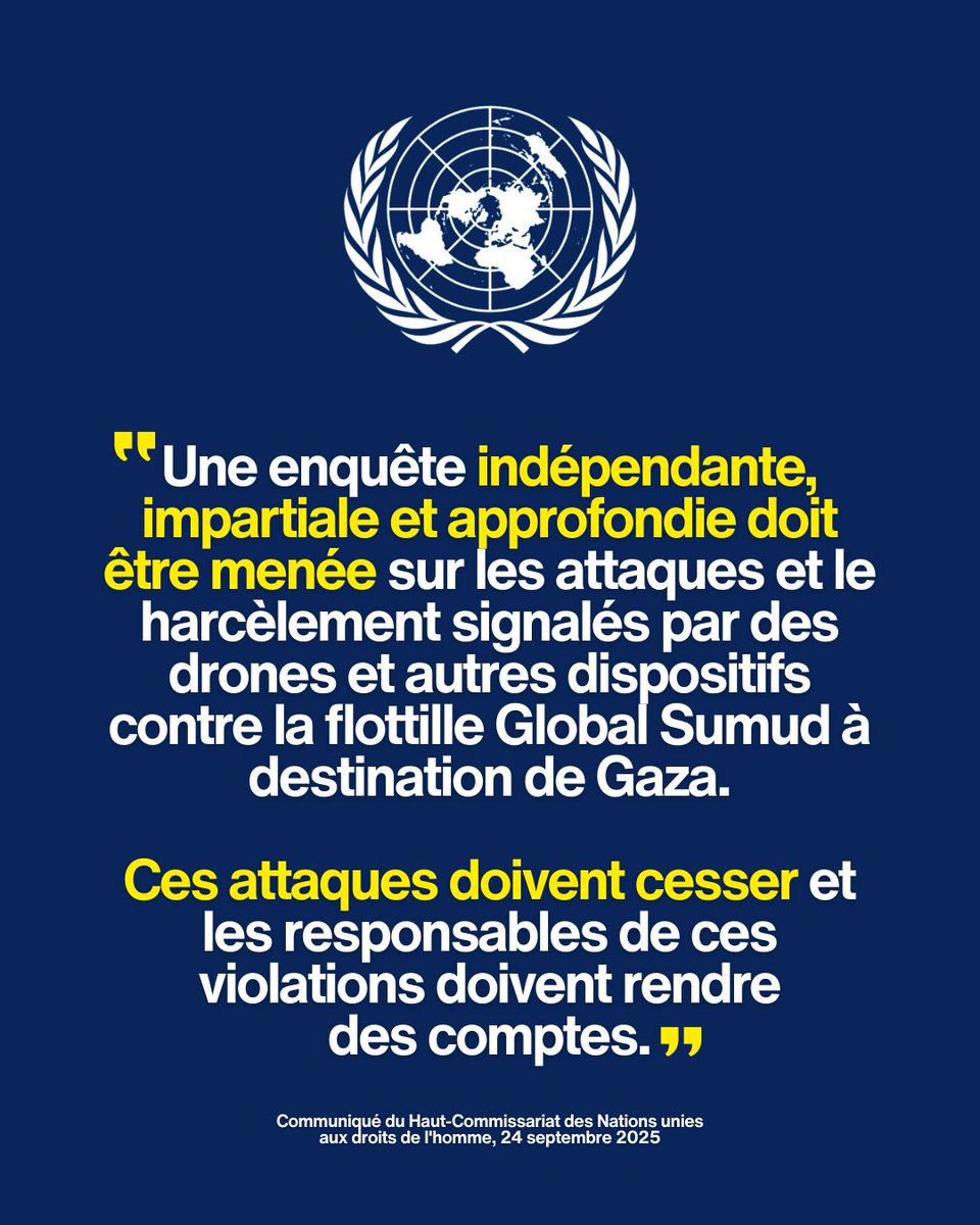 L'ONU réclame une enquête indépendante sur les attaques par des drones contre la flottille humanitaire pour Gaza.

"Ces attaques doivent cesser et les responsables doivent rendre des comptes"

Un cap important. La marine française doit protéger ces navires humanitaires.