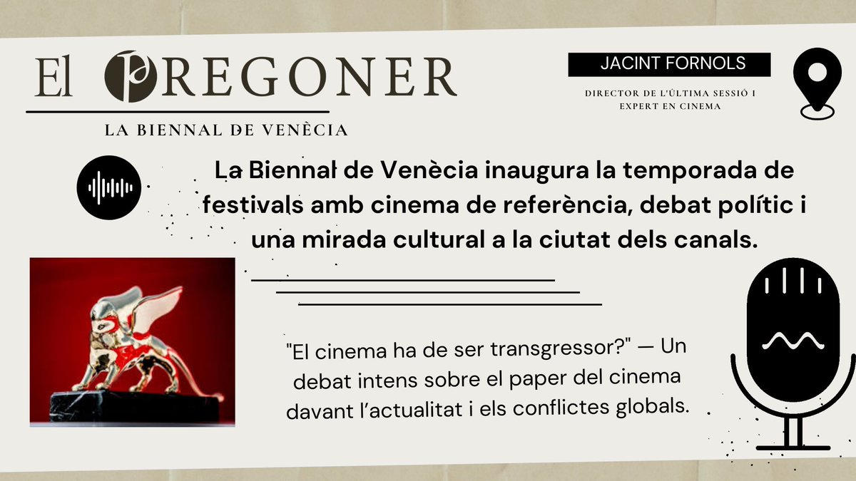 📽️La #biennalecinema2025 de Venècia obre la temporada de festivals, marcada per la polèmica arran dels fets a Gaza. Ho analitzem en debat, descobrim un plat típic venecià i on tastar-lo a Barcelona, i explorem una peça singular de la moda veneciana! #EP288
