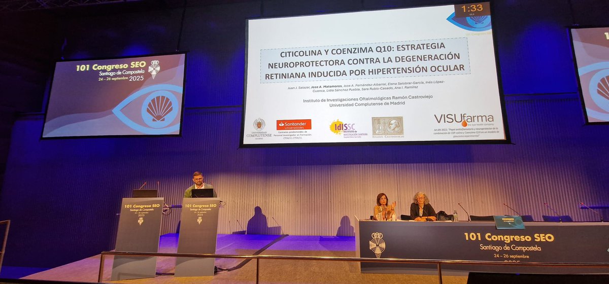 En el #CongresoSEO 🎓, nuestro pre-doctoral <a href="/joseantmat98/">Jose A</a> presentó 2 comunicaciones sobre su tesis 🧪: neuroprotección 🧠 y efecto antiinflamatorio 🔬 de Citicolina + CoQ10 en hipertensión ocular 👁️