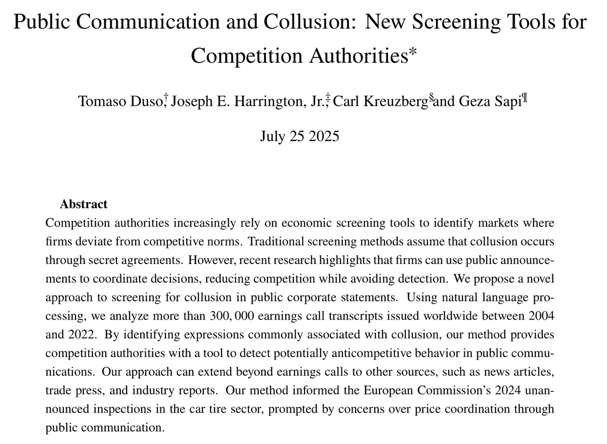 Collusion doesn't just happen in smoke-filled rooms. It can be out in the open in earnings calls.

New research uses NLP on 300k+ transcripts to spot the language that firms use to coordinate publicly. Regulators can use this tool to detect anticompetitive behavior.