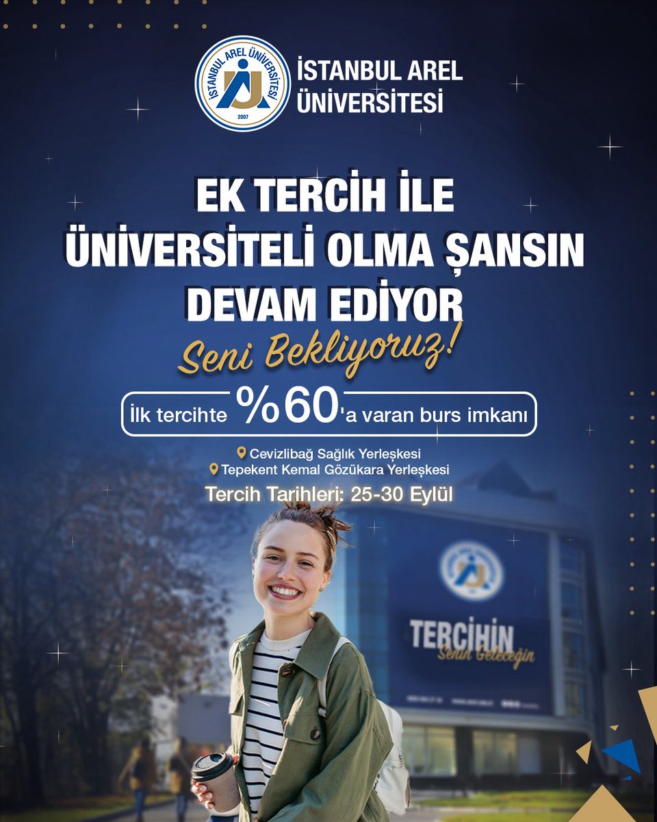 Ek yerleştirmeyle üniversiteli olma şansın devam ediyor. 📢

Merak ettiğin tüm sorular için 25-30 Eylül tarihlerinde seni de  yerleşkelerimize bekliyoruz.

📍Cevizlibağ Sağlık yerleskesi 
📍Tepekent Kemal Gözükara Yerleşkesi