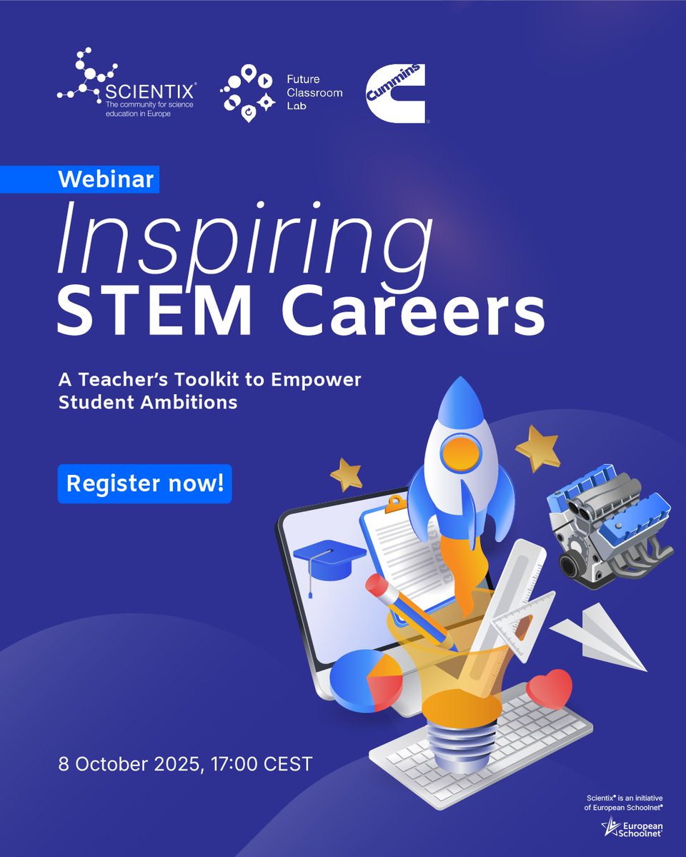 Want to connect your students with real #STEM role models? 🙋‍♀️
TODAY at 17:00 CEST, join the #Scientix <a href="/stemalliance_eu/">Scientix® STEM Alliance</a>, <a href="/CumminsEurope/">Cummins Europe</a> &amp; <a href="/fcl_euschoolnet/">Future Classroom Lab by European Schoolnet</a> webinar for practical classroom strategies, inspiring career stories &amp; ready-to-use resources! 👩‍🔬
👉 bit.ly/Cummins_Webinar