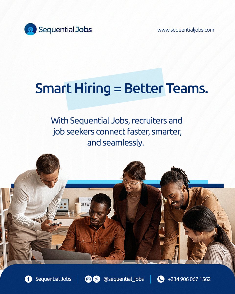 Sequential_Jobs's tweet image. 🌟 Work Smart. Hire Smarter.

Visit 👉 sequentialjobs.com today and experience data-powered recruitment made simple.

#WorkSmartWednesday #DataPoweredHiring #SequentialJobs
