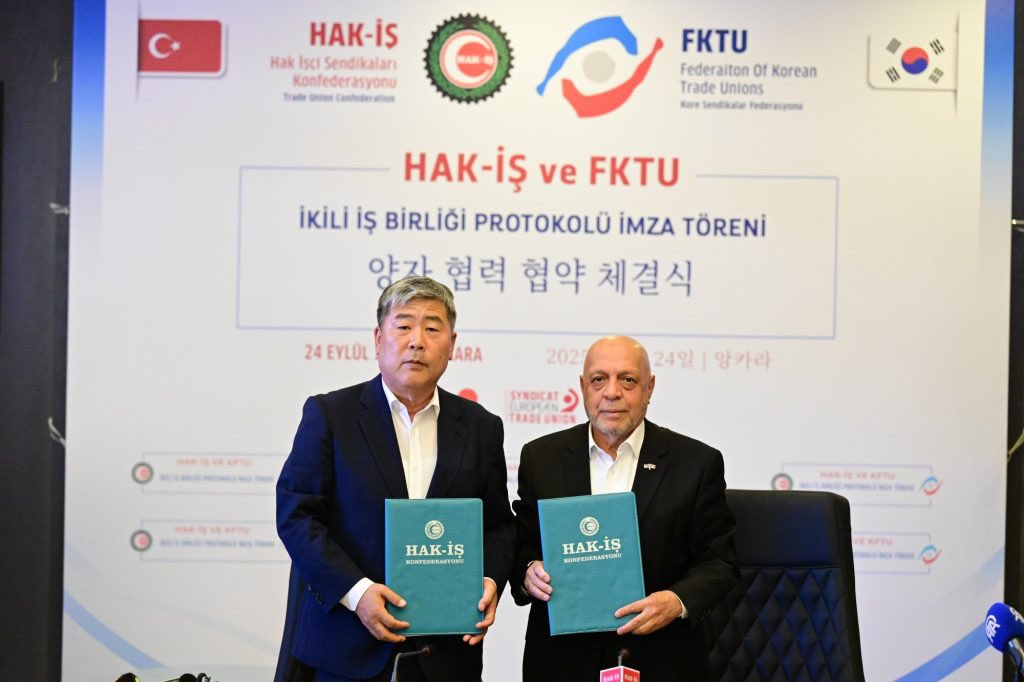 ARSLAN, FKTU HEYETİ İLE BİR ARAYA GELDİ

HAK-İŞ Konfederasyonu ve HİZMET-İŞ Sendikası Genel Başkanımız Mahmut Arslan, 24 Eylül 2025 tarihinde, Kore Sendikalar Federasyonu (FKTU) Genel Başkanı Dongmyeong Kım ve beraberindeki heyet ile HAK-İŞ Genel Merkezi’nde bir araya geldi. İki