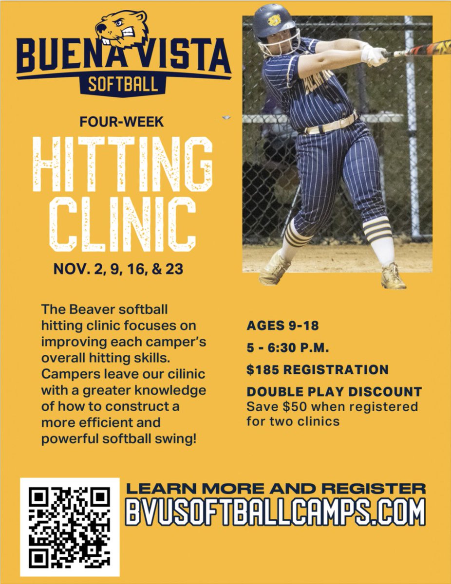 Come join us for our annual 4 week camp hosted at BVU! You will build on your skills week to week and work along side the current coaches and players.

You can register by using the QR Code or this link 
bvusoftballcamps.com

We can’t wait to see you there! 🦫🥎 #BeaversBuild