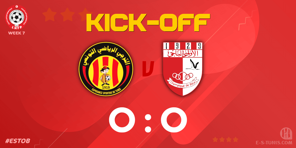 ESTuniscom's tweet photo. ⏱ 01' | #Ligue1Tn🇹🇳 Week 7 #ESTOB | @ESTuniscom 0⃣-0⃣ #OlympiqueBeja : The match kicks off / بداية المباراة / Coup d'envoi du match https://t.co/tpzNpVG3rX
