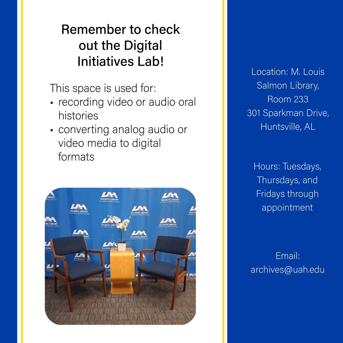 Hey Chargers! We hope it’s been a great semester so far! 

Don’t forget about us in the basement of M. Louis Salmon Library! We would love to see you!

#UniversityArchives #Chargers #UAHArchives #UniversityHistory #SpecialCollections #SpaceArchives #UAHHistory
