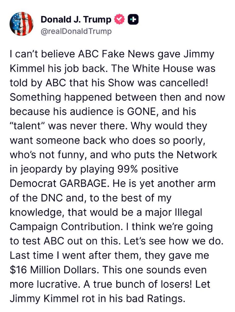 Trump: Take Kimmel off the air!

[Kimmel gets taken off]

Trump: I had nothing to do with Kimmel getting taken off. 

[Kimmel comes back]

Trump: Take Kimmel off the air again or I will make you pay!