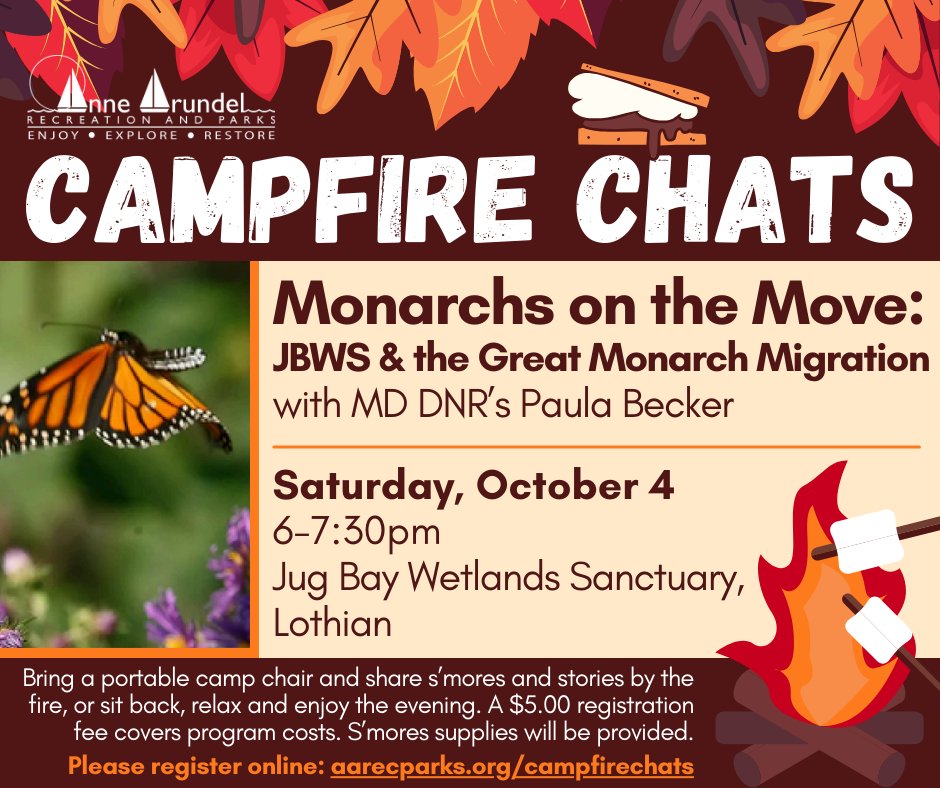 🔥 Campfire Chats at Jug Bay!
Monarchs on the Move 🦋 with Paula Becker, MD <a href="/MarylandDNR/">Maryland DNR</a>. Learn about their epic migration + enjoy s’mores by the fire. 🌙🍫 📍 Jug Bay Wetlands Sanctuary | $5  aarecparks.org/campfirechats