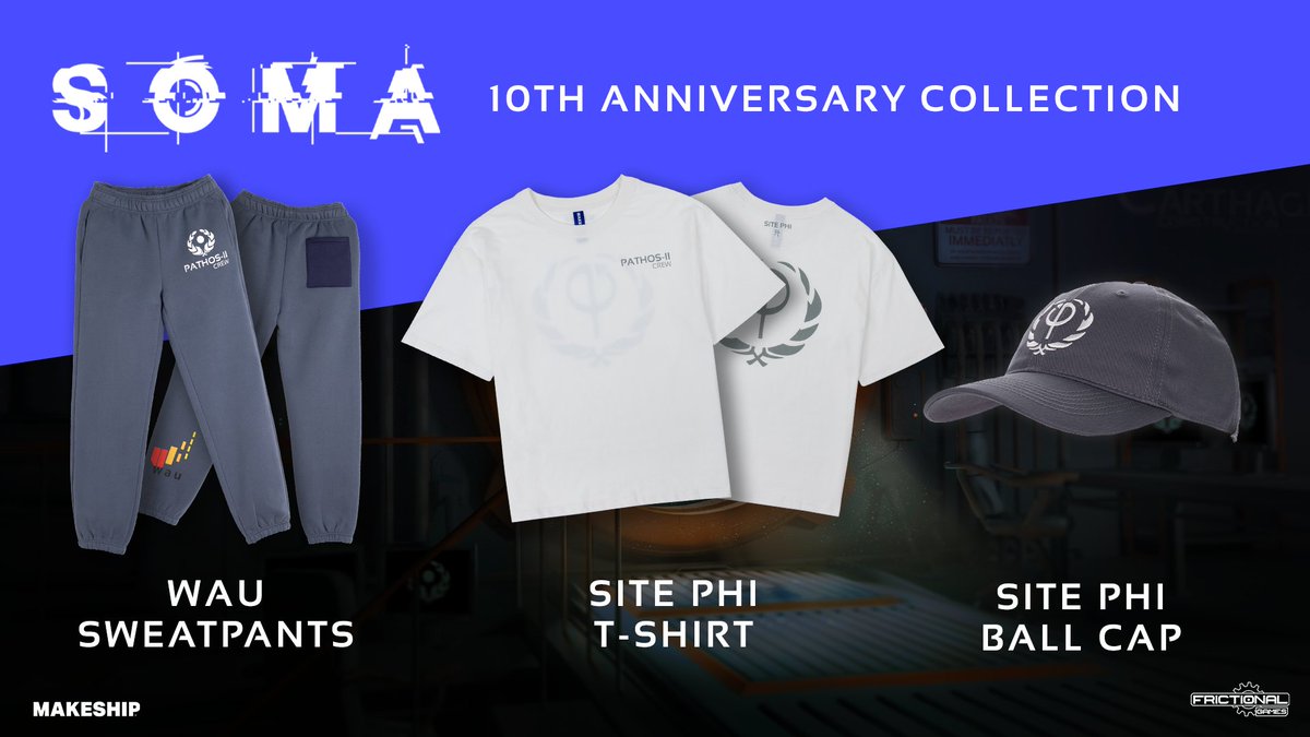 frictionalgames's tweet image. To commemorate the 10 year anniversary of SOMA we are launching a limited collection of high quality merch.
Celebrate SOMA’s decade-long journey with the same gear worn by the crew working at PATHOS-II.
makeship.com/shop/creator/f…