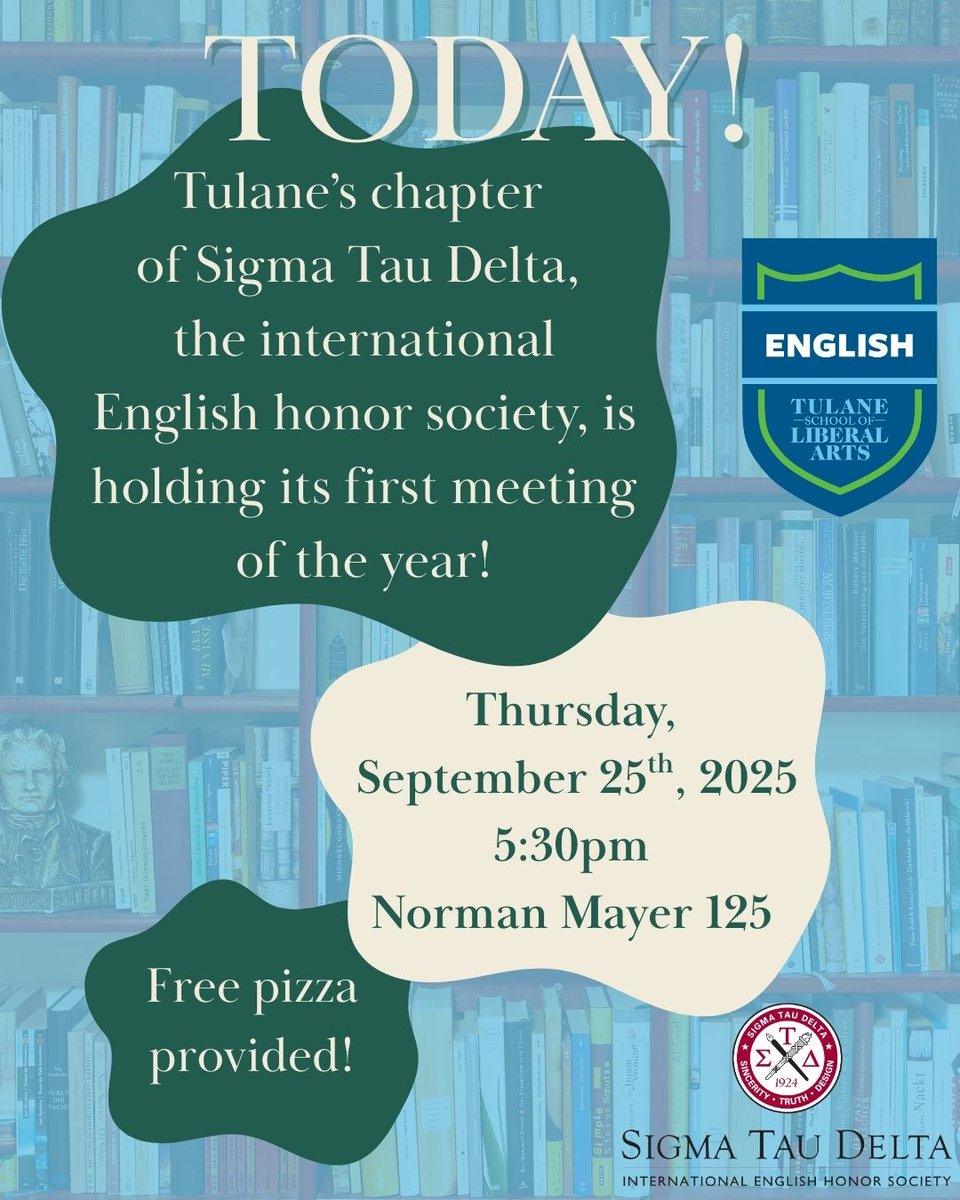 This evening, join our first Sigma Tau Delta meeting at 5:30pm in Norman Mayer 125!
 
Sigma Tau Delta is an international organization with opportunity for scholarship, service, internships, publication, &amp; recognition of academic achievement.

Also, there will be free pizza 😉🍕
