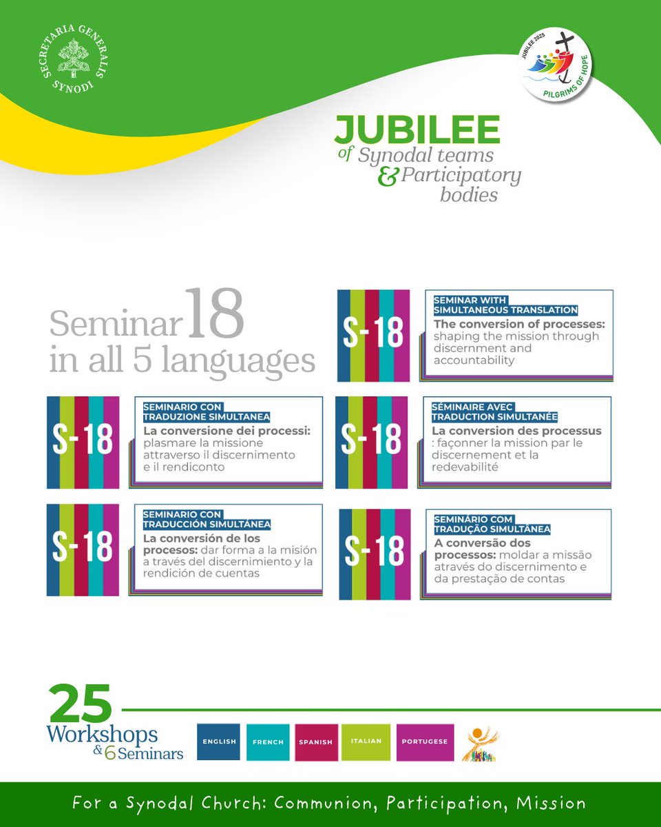 Synod_va's tweet image. ✨ #Participants - Get ready for an unforgettable experience at the #Jubilee of #synodalteams and #participatory bodies !
We’re opening the doors to 25 #workshops and 6 #seminars designed especially for our participants. #synodality #synodonsynodality #synodality #synodalchurch
