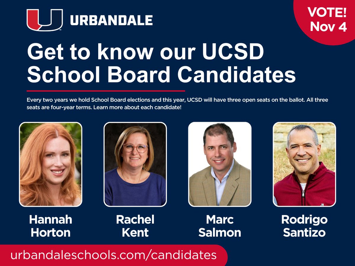 Get to know our 4 UCSD School Board candidates! We thank Hannah Horton, Rachel Kent, Marc Salmon &amp; Rodrigo Santizo for their willingness to serve &amp; their dedication to UCSD students, staff &amp; families. Enjoy learning more about each candidate: urbandaleschools.com/candidates #UCSDpride