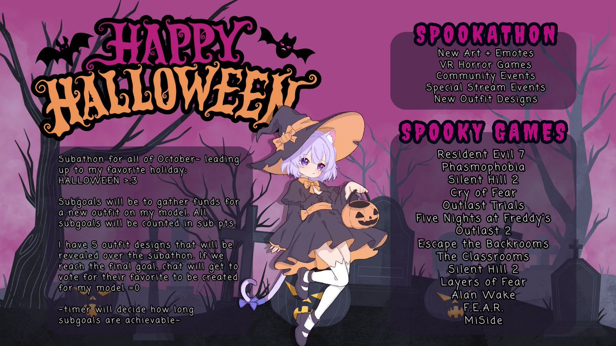 enerjynx's tweet photo. Get ready for the SPOOKATHON! 🎃👻

Subathon all month >:3 scary games, cursed screams, &amp; outfit reveals 🙀

🕸️ New art + emotes
🕸️ Outfit reveals 
🕸️ Scary game marathons
🕸️ Halloween costumes

Let’s get spooky together! 💜🕷️ #VTuber #Subathon #Halloween https://t.co/4SbcZ8f5N0