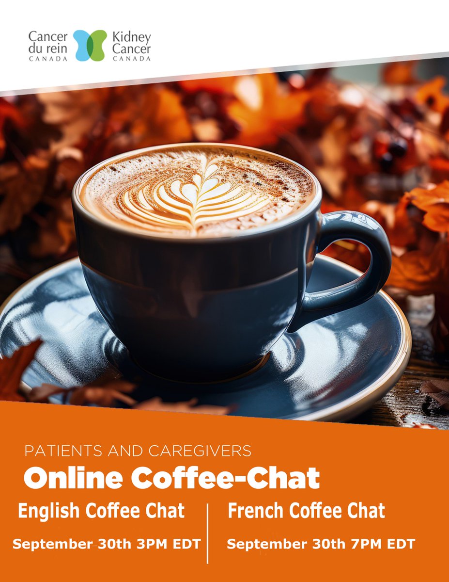 Kidney Cancer Canada (@kidneycancer_ca) on Twitter photo Join us for our September patient & caregiver Coffee Chat on September 30th @ 3 PM EST. 
Grab a favourite drink cozy up & join our warm, welcoming kidney cancer community. Whether you're newly diagnosed, a long-time survivor or caregiver, you’re invited!
Join on our website! Join us for our September patient & caregiver Coffee Chat on September 30th @ 3 PM EST. 
Grab a favourite drink cozy up & join our warm, welcoming kidney cancer community. Whether you're newly diagnosed, a long-time survivor or caregiver, you’re invited!
Join on our website!