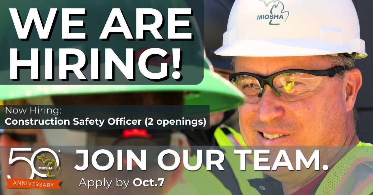 🚨 We’re hiring! 🚨

<a href="/MI_OSHA/">MIOSHA</a> has 2 openings for Workplace Safety Representatives (Construction Safety Officers).

🗓 Apply by Oct. 7, 2025
👉 Job #055: bit.ly/46znB1H
👉 Job #056: bit.ly/4pErGuc

#Hiring #WorkplaceSafety #MIOSHA