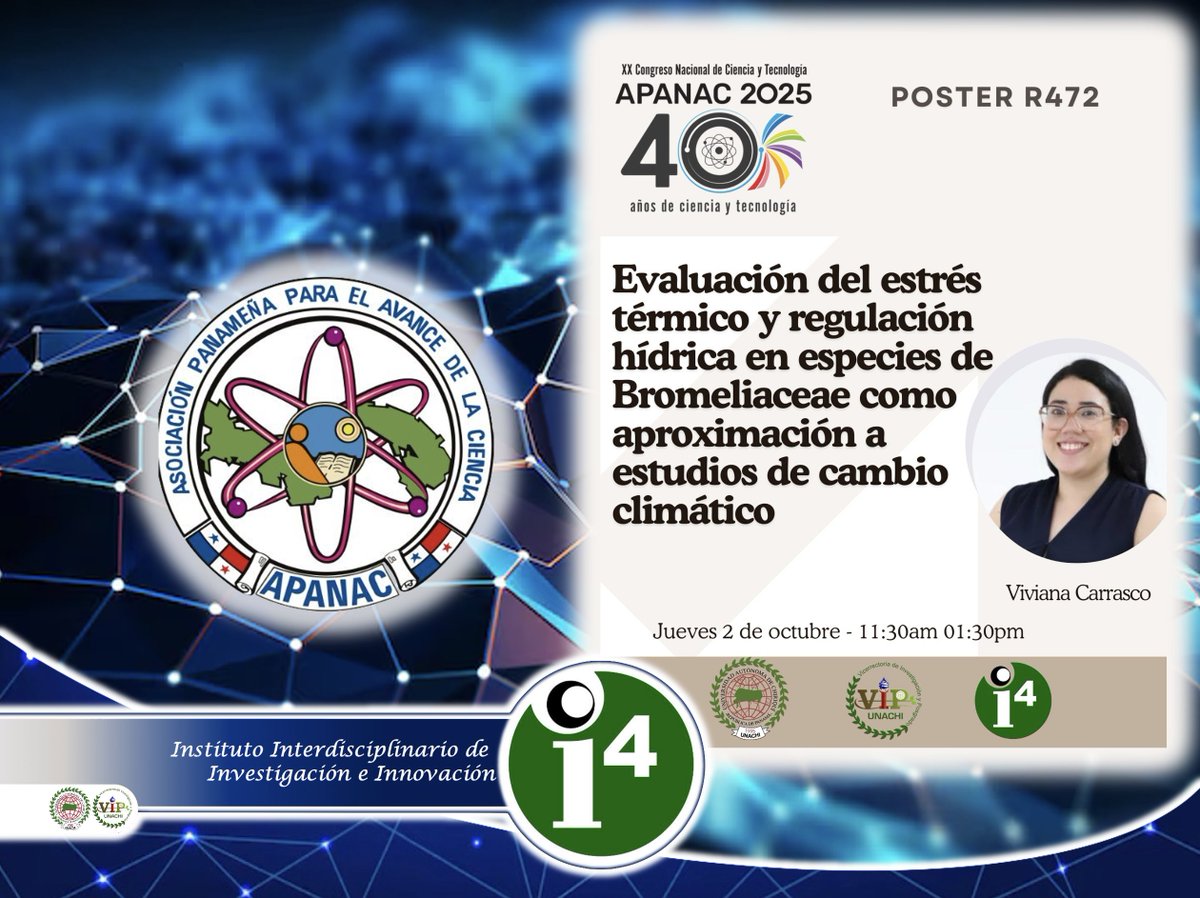 La <a href="/unachi/">eun a cho</a> estará en <a href="/ApanacPanama/">Apanac Panamá</a> !
Viviana Carrasco del i-4 Presenta: "Evaluación del estrés térmico y regulación hídrica en especies de Bromeliaceae como aproximación a estudios de cambio climático" Jueves 2 de octubre <a href="/CienciaPTY/">Ciencia En Panamá   #CienciaEnPanamá</a> <a href="/pacyt_unachi/">PACYT UNACHI</a> <a href="/MiAmbientePma/">Ministerio de Ambiente de Panamá</a> <a href="/senacyt/">Senacyt Panamá</a>