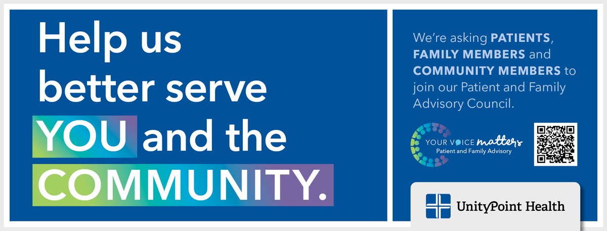 We're asking patients, family members and community members to join our Patient and Family Advisory Council! Members are encouraged to openly discuss their concerns and share their honest suggestions on how to best create positive changes.  Learn more: unitypoint.org/patients-and-v…