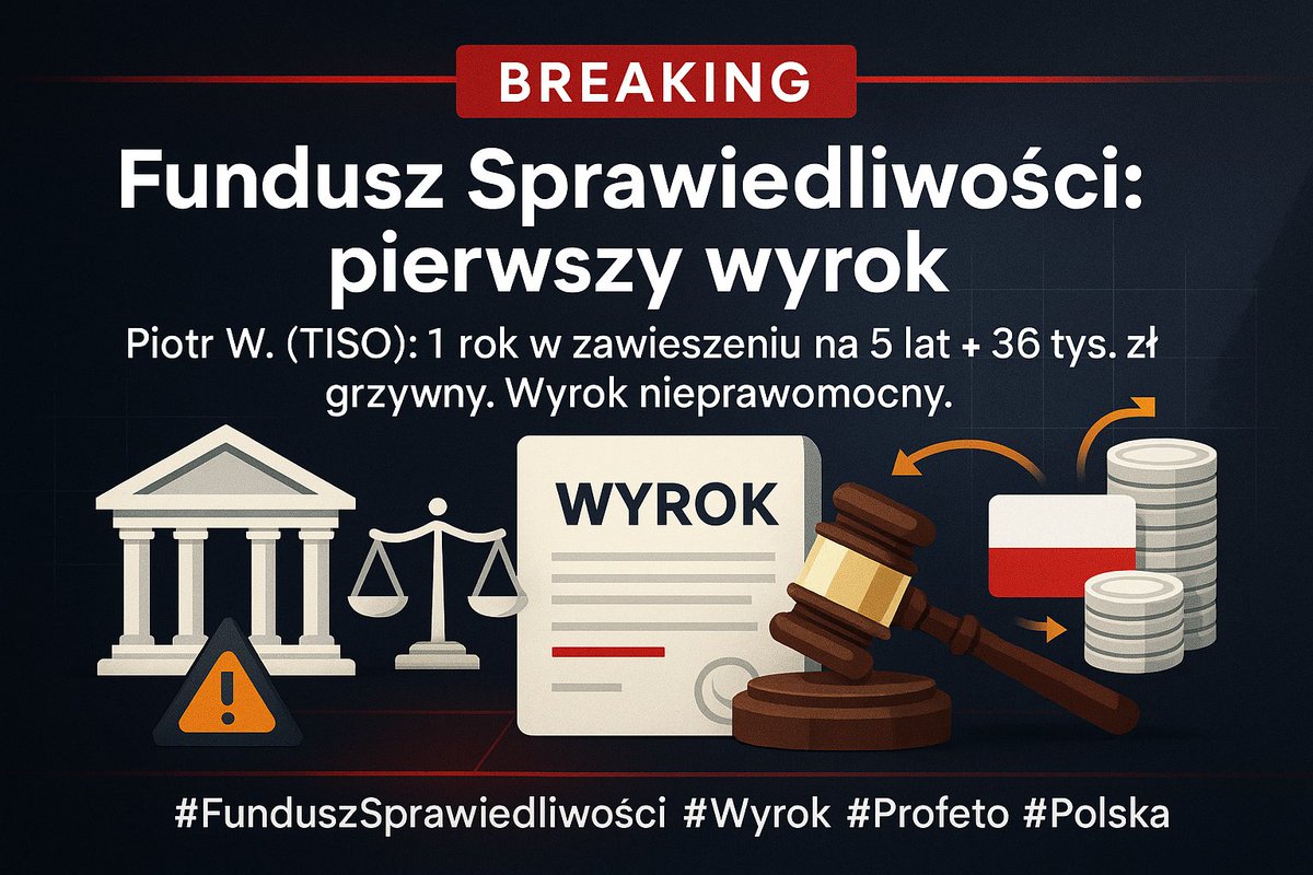 News_By_Zajac's tweet photo. Pierwszy wyrok w sprawie Funduszu Sprawiedliwości.
Piotr W. (prezes TISO) – 1 rok w zawieszeniu na 5 lat + 36 tys. zł grzywny. Przyznał się i współpracował z prokuraturą.
Co dalej i kto będzie następny?
#FunduszSprawiedliwości #Afera #Wyrok #Profeto #Archipelag #TISO #Ziobro #Sąd #Polityka #PublicznePieniądze #Antykorupcja #Polska