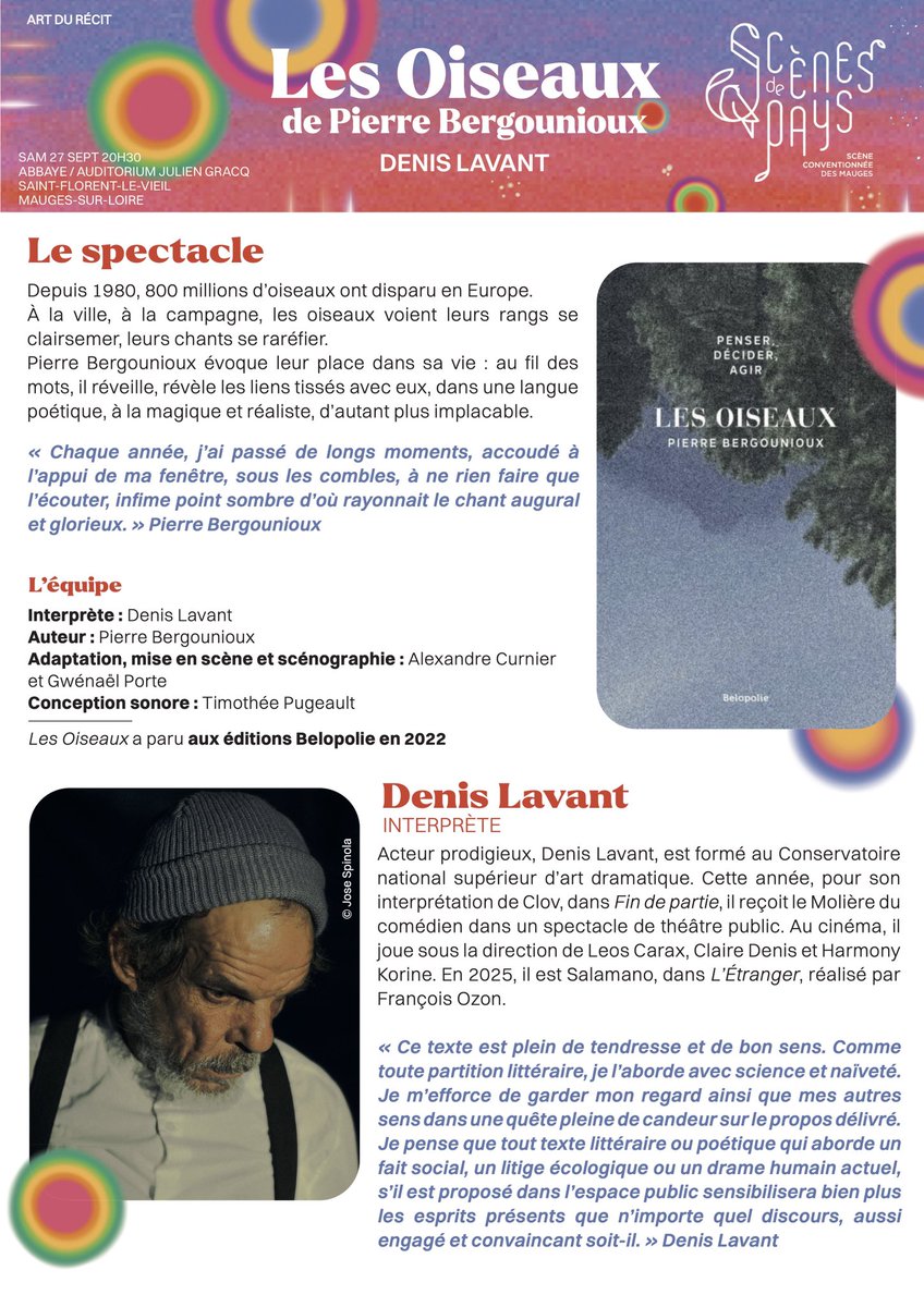 Belopolie's tweet photo. Denis Lavant (Molière 2025) interprète « Les Oiseaux » de Pierre Bergounioux, paru aux éditions @Belopolie. 

Création et 1re date, le 27 septembre, pour le festival littéraire bisannuel de la Maison Julien-Gracq, « Les Préférences ».  

🎟️https://t.co/TtVUvNAPI1 https://t.co/HnfL2AsnIe